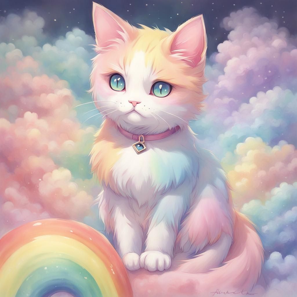 Pastel Rainbow Anime Cat Painting in Manga Style