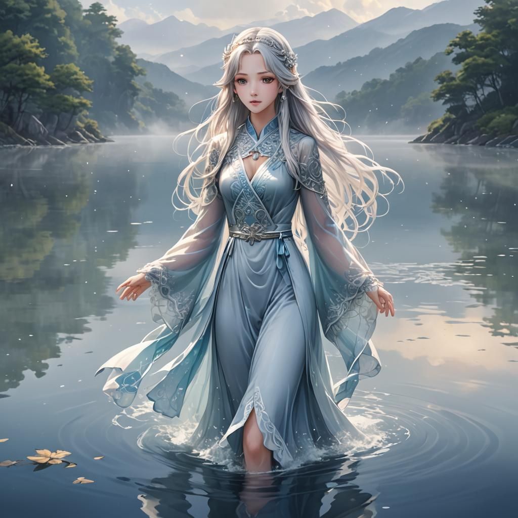 Water Princess Walking on Misty Lake in Anime Style