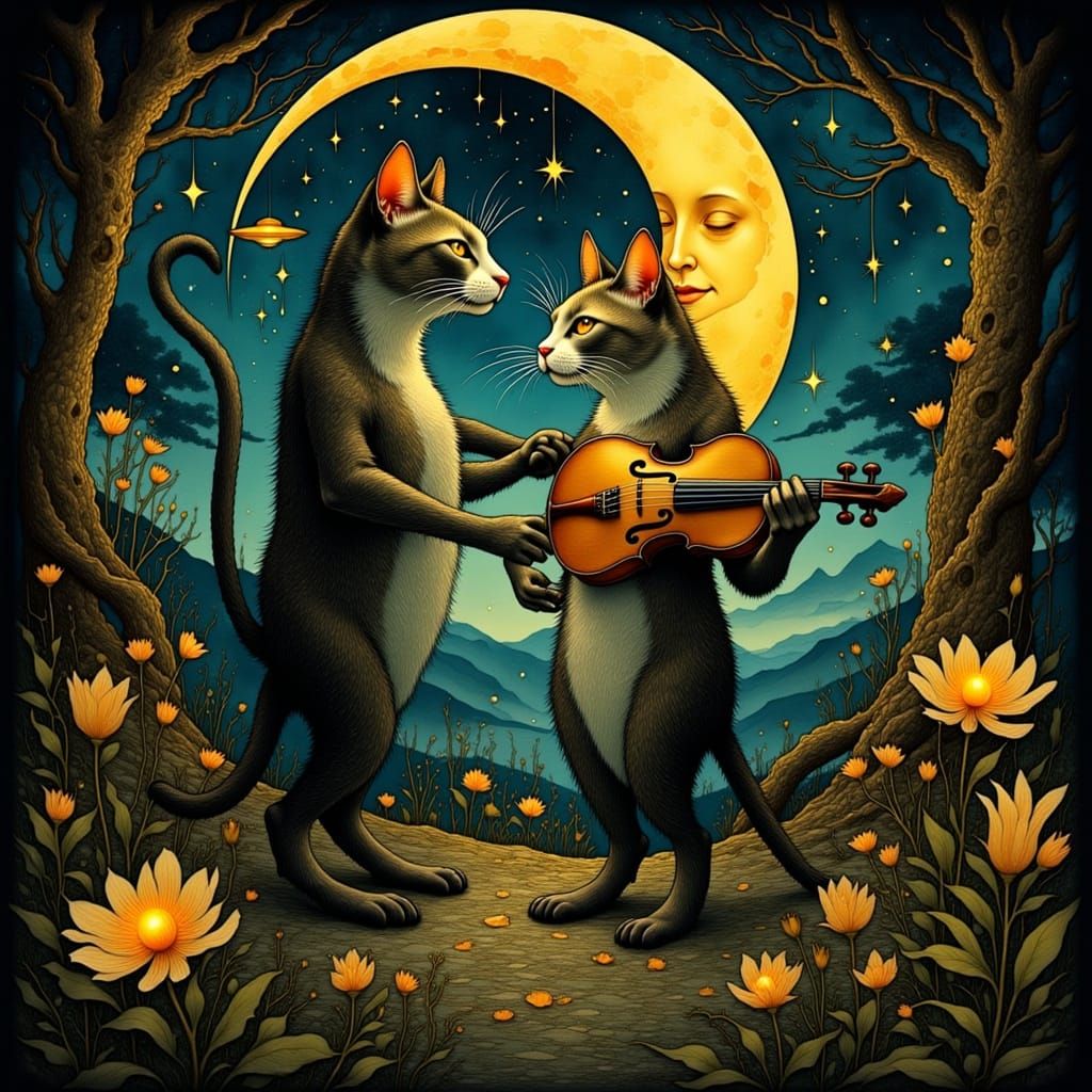 Whimsical Cats Dance Under Enchanted Crescent Moon