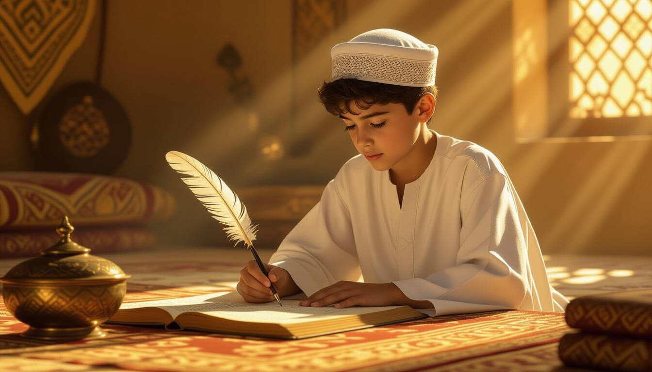 Boy Writes with Quill in Golden Light