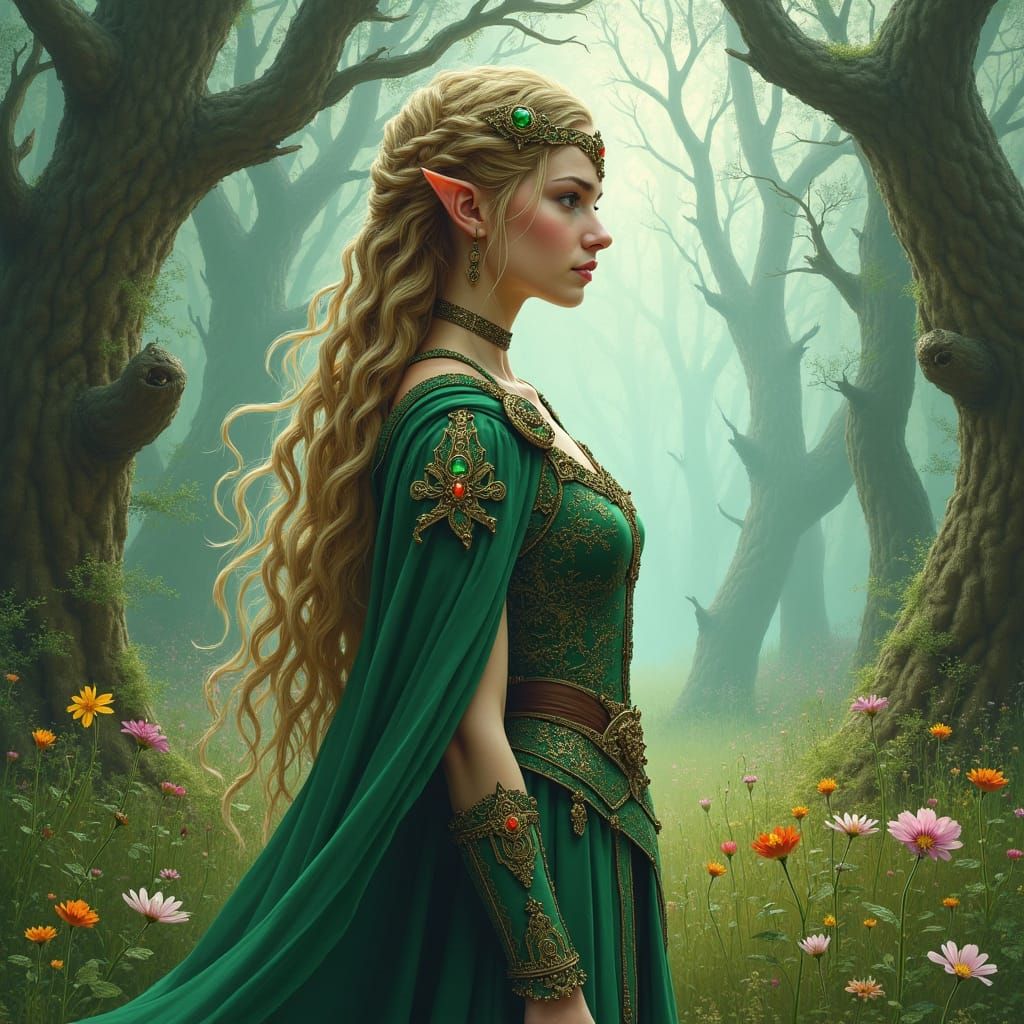 Celtic Elf in Emerald Forest, Detailed Illustration