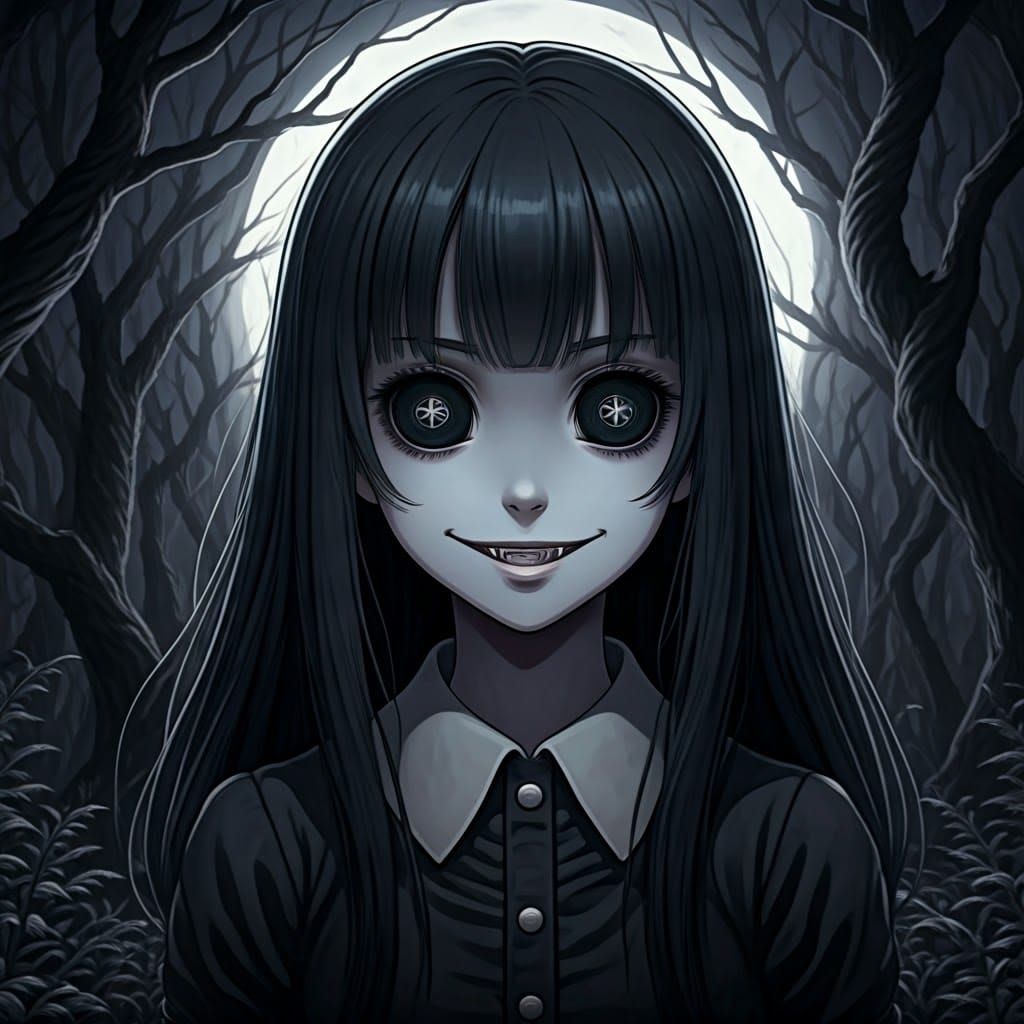 Ethereal Gothic Anime Girl in Haunting Moonlit Landscape