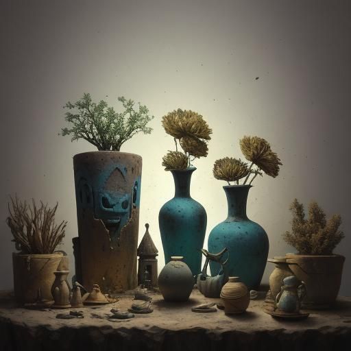 Surreal Still Life on Distant Planet in Naive Art Style