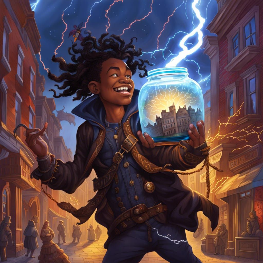 A thief with a jar stealing lightning, bolts of lightning st...