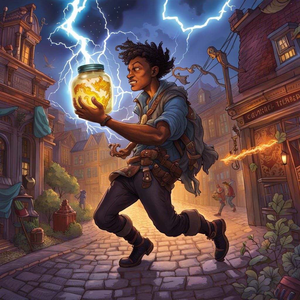 A thief with a jar stealing lightning, bolts of lightning st...