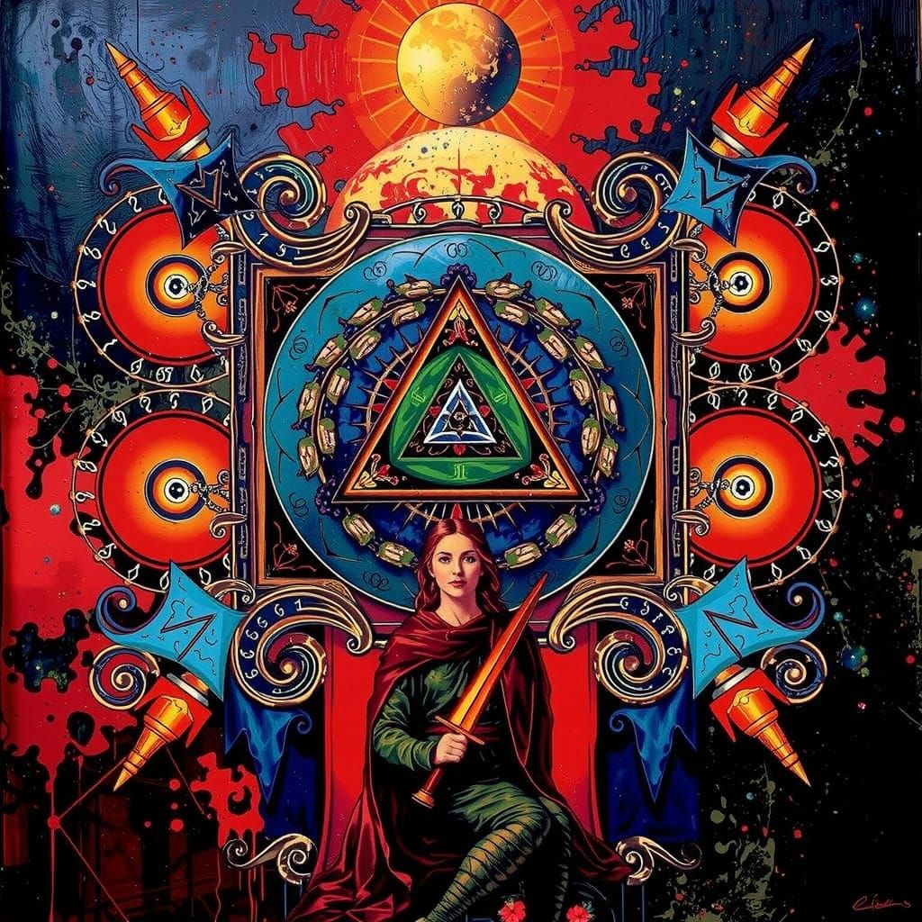 Abstract Swirling Forms in Bold Red and Contrasting Colors