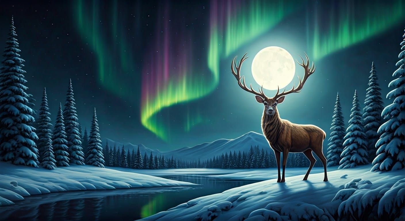 Deer in Moonlit Winter Landscape with Auroras