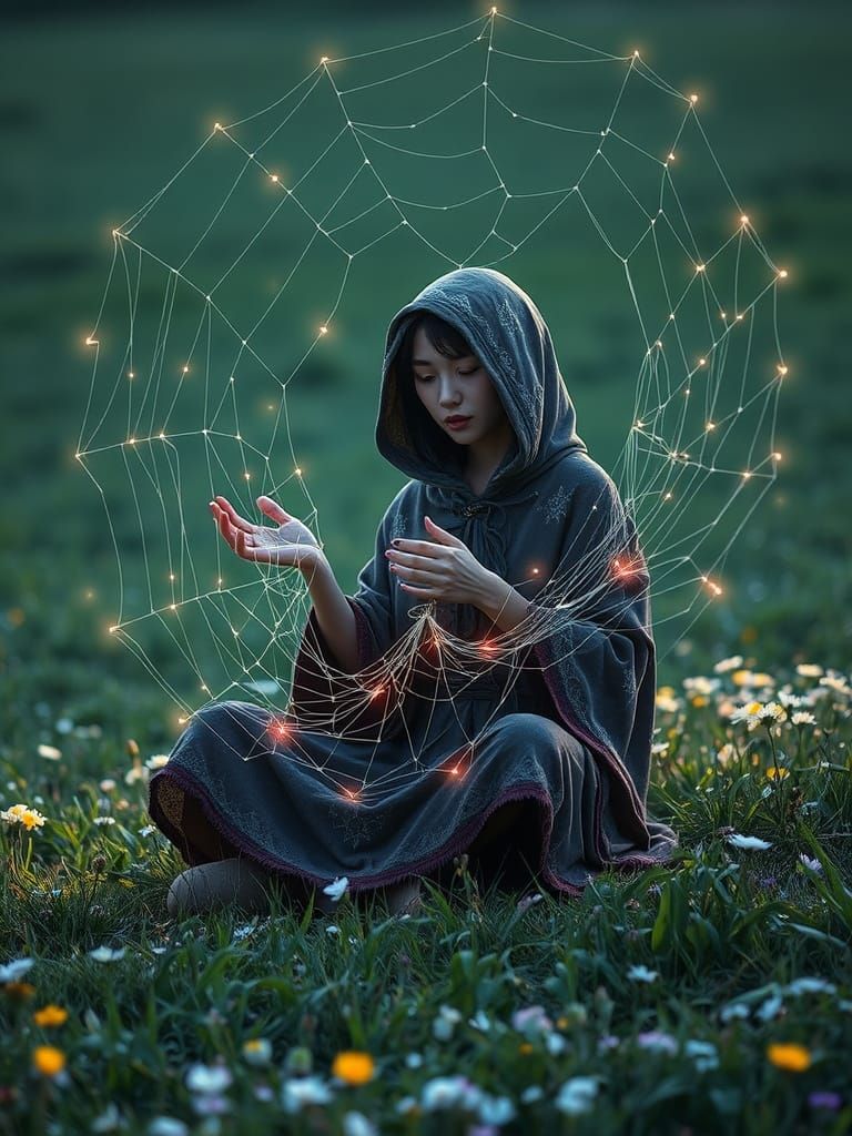 Woman Weaves Magical Lights in Starry Open Field