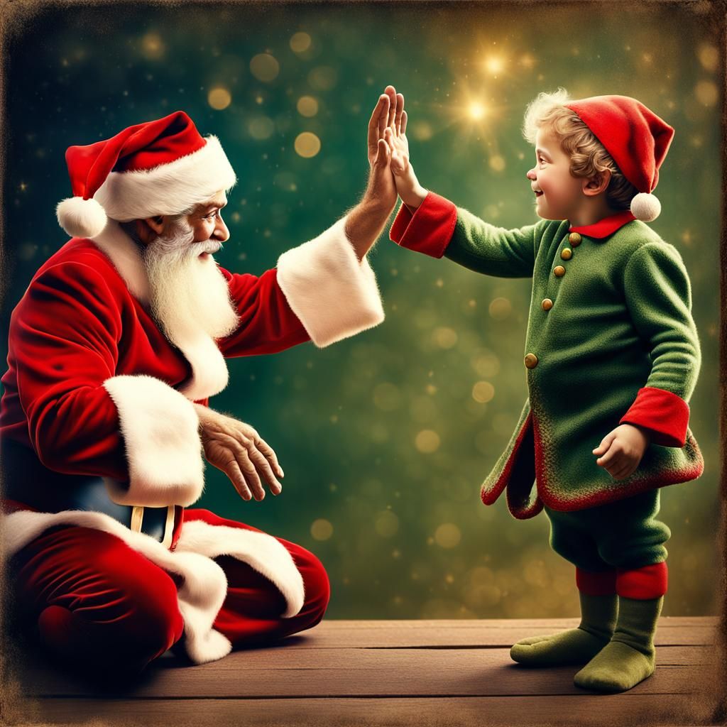 Santa and Elf High-Five: Vintage Photography