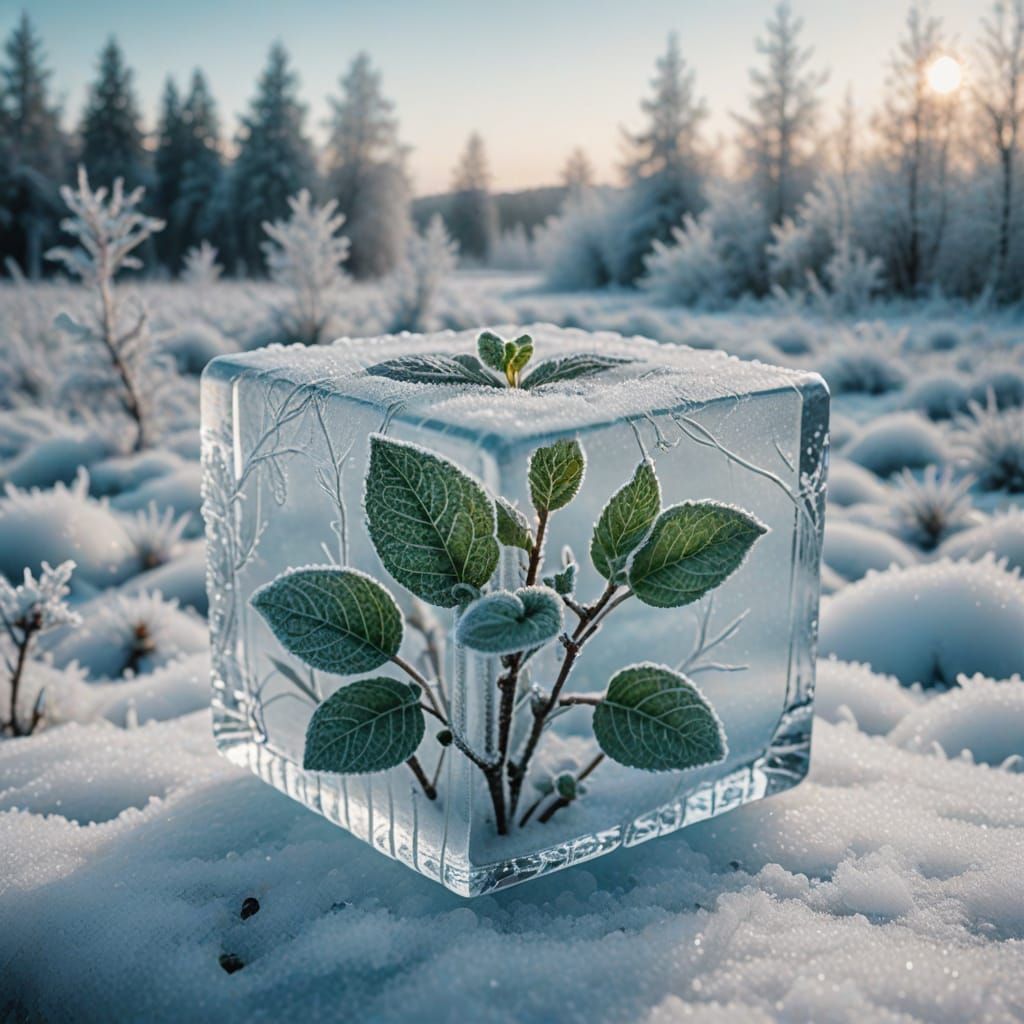 Ethereal Frosty Landscape with Floating Mint Cube