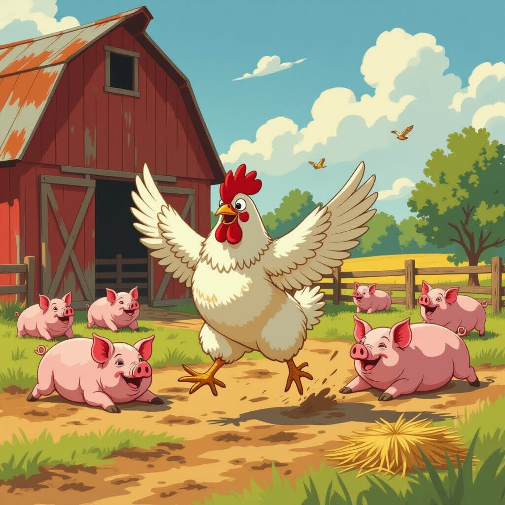 Cartoon Headless Chicken Chase in Farmyard Scene