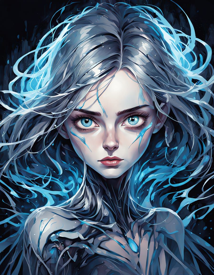 Ethereal Blue-Eyed Woman with Avant-Garde Outlines