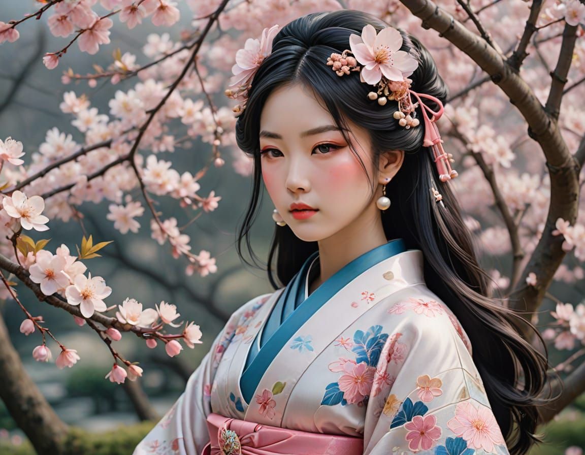 in an intricate style the picture features a serene, pale-sk...