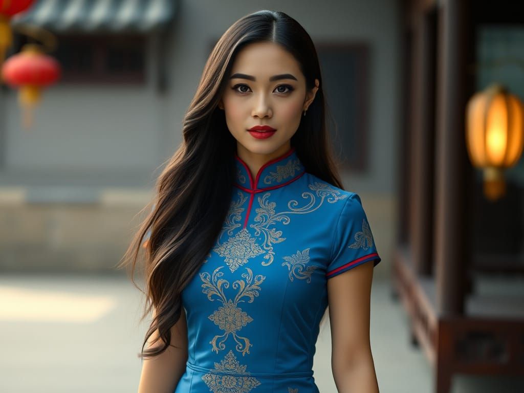 Chinese Woman in Blue Cheongsam: Cinematic Film Still