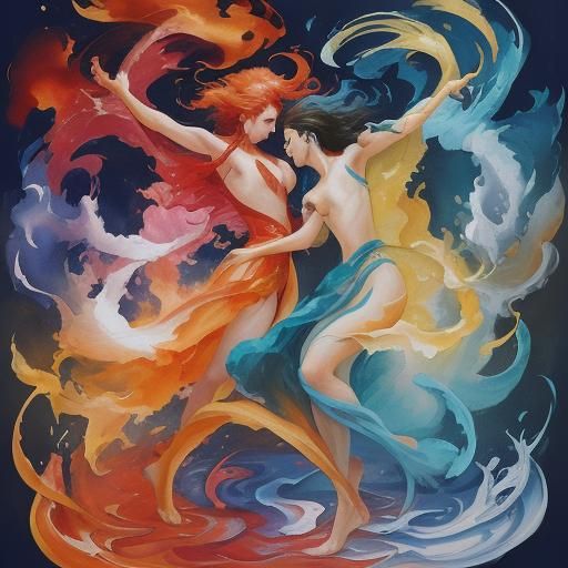 Dynamic Equilibrium: Fire and Water in Gouache Style