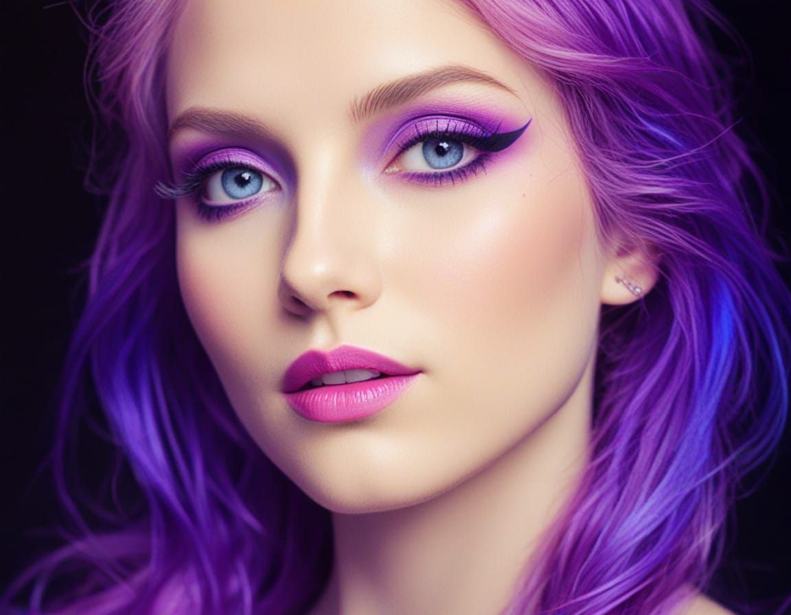 Stunning portrait of beautiful young lady with magenta hair with iridescent purple hair highlights and neon pink eyeshad...