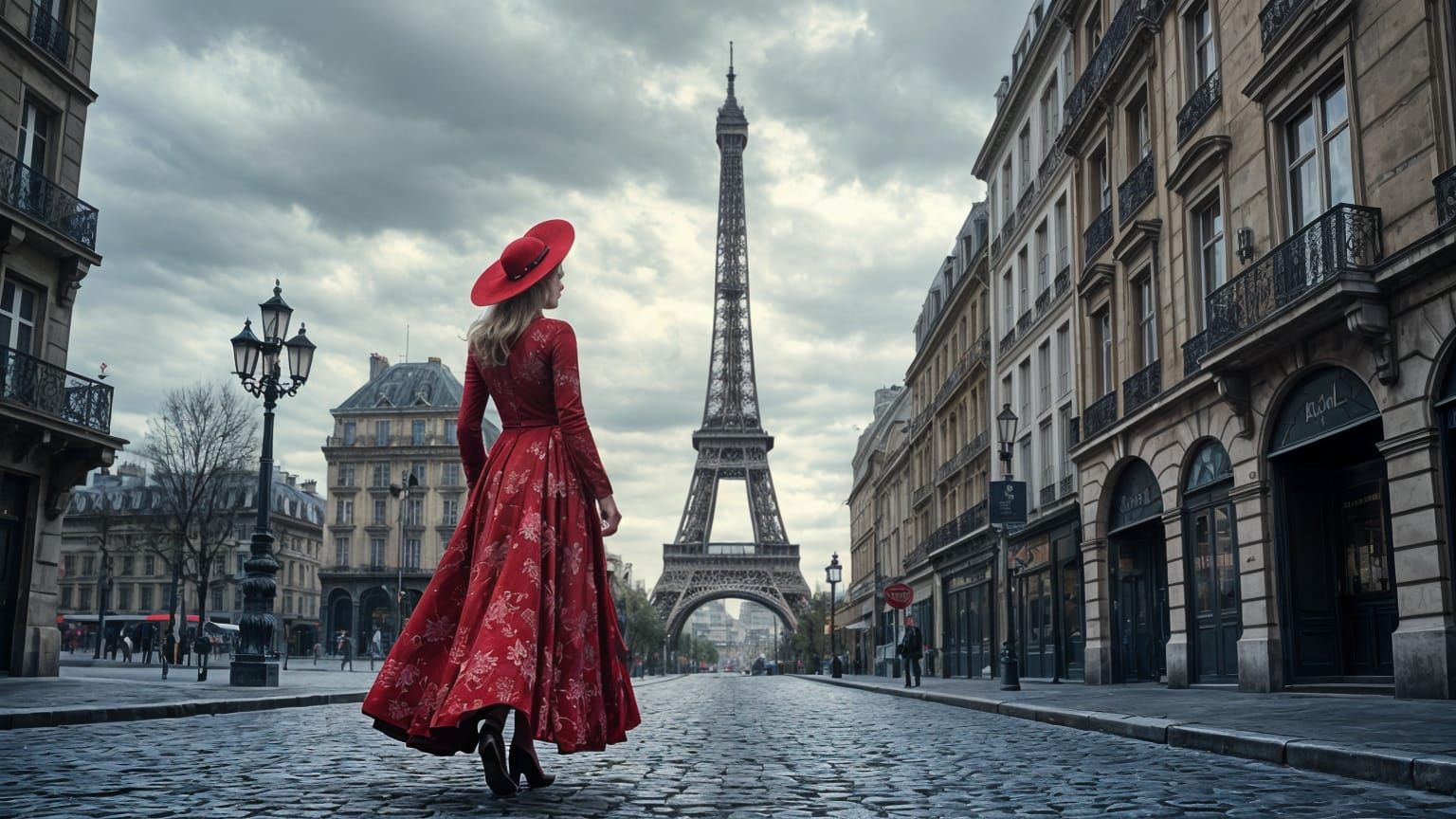 Woman in Red Walking Parisian Streets in a Vibrant Oil Paint...