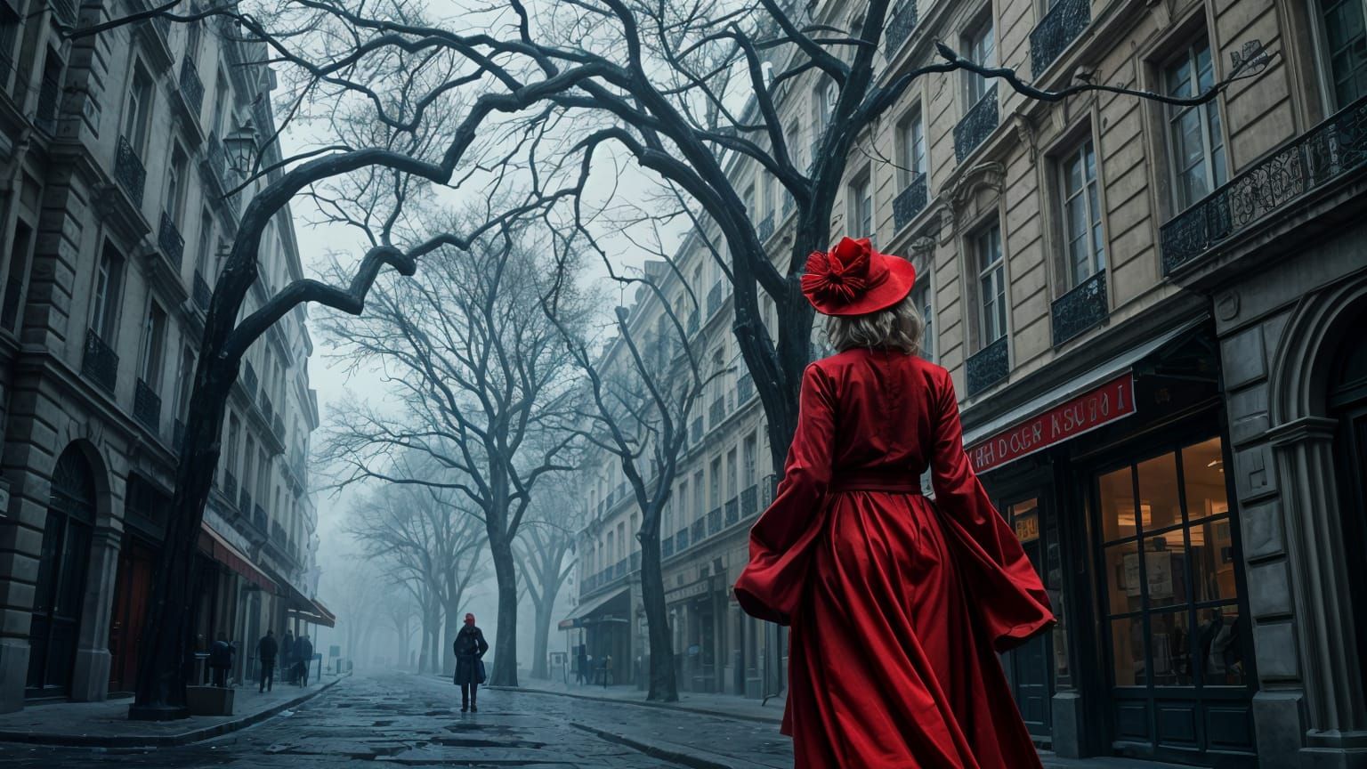 Woman in Vibrant Red Strolls Through Monochromatic Parisian ...
