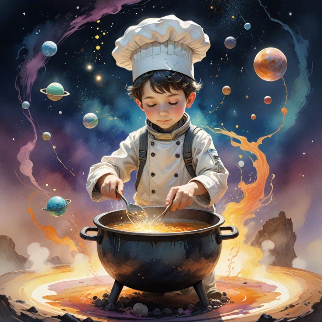 Cosmic Chef in Spacesuit Stirs Celestial Stew on Distant Pla...