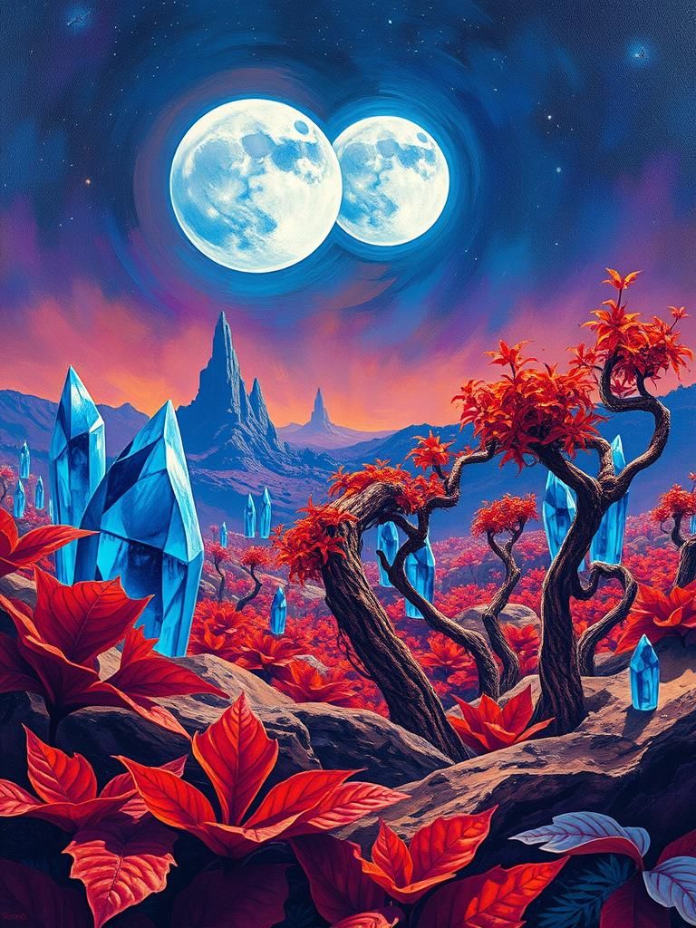 Exoplanet Landscape with Twin Moons in Fauvist Style