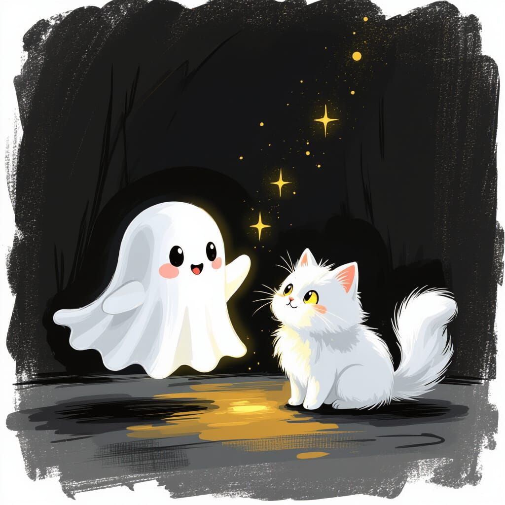 Cute Ghost and Cat Play in Dark Room