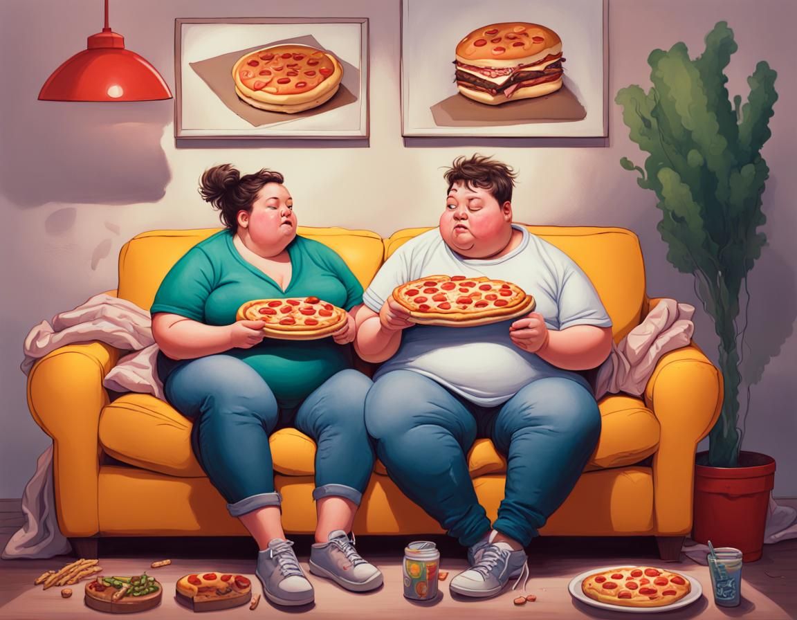 chubby couple eating on their couch