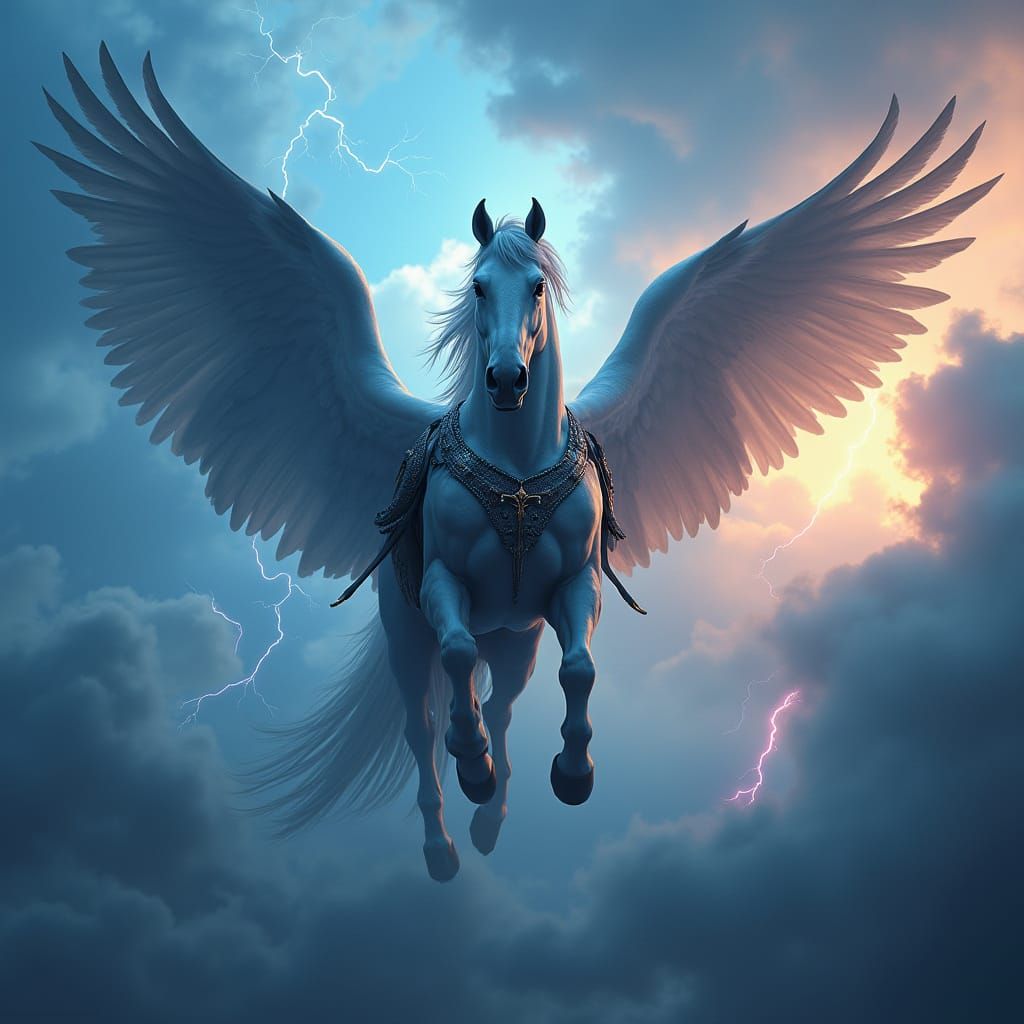 Armored Pegasus Soaring Through Stormy Skies