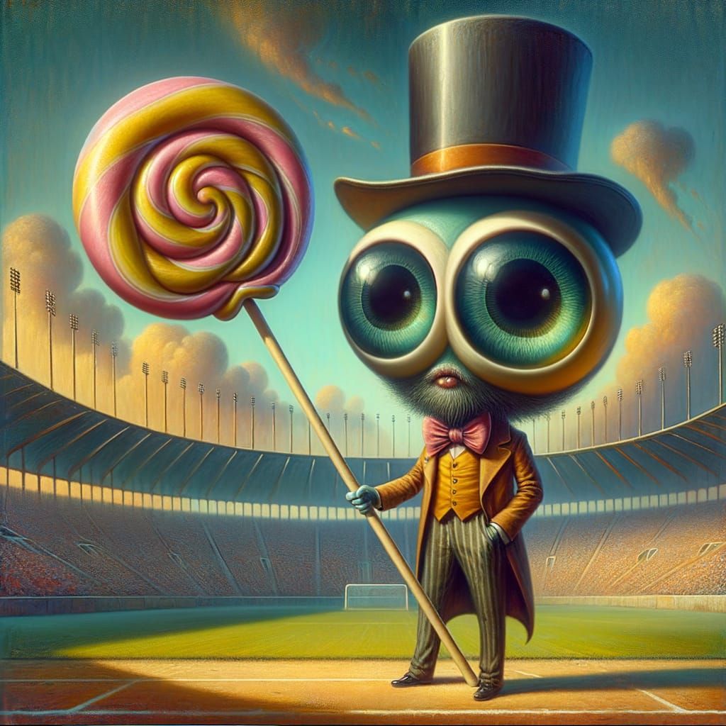 Surreal South Asian Man with Lollipop in Dreamlike Stadium