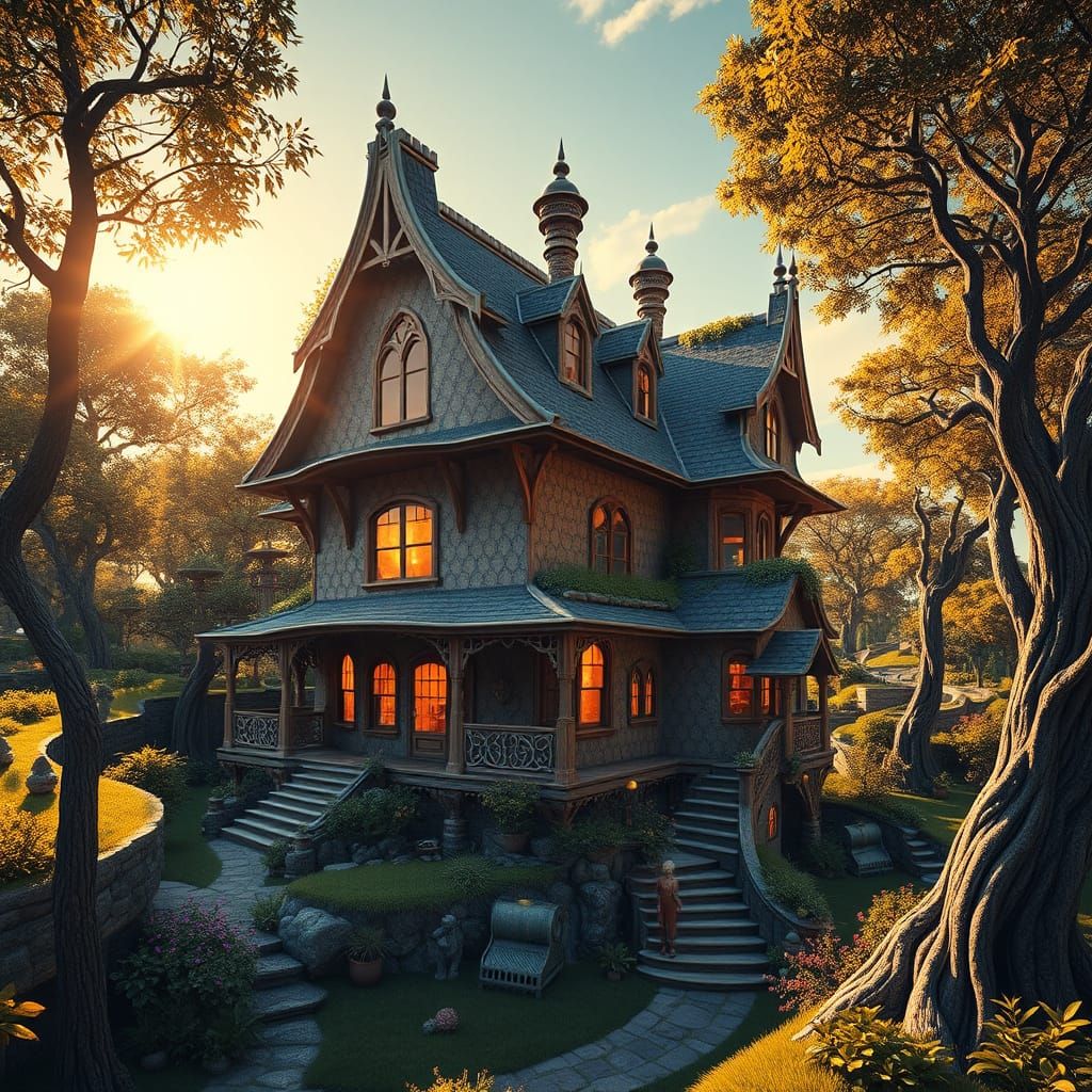 Surreal House in Vibrant Chaos, Inspired by Cyberpunk and Hy...