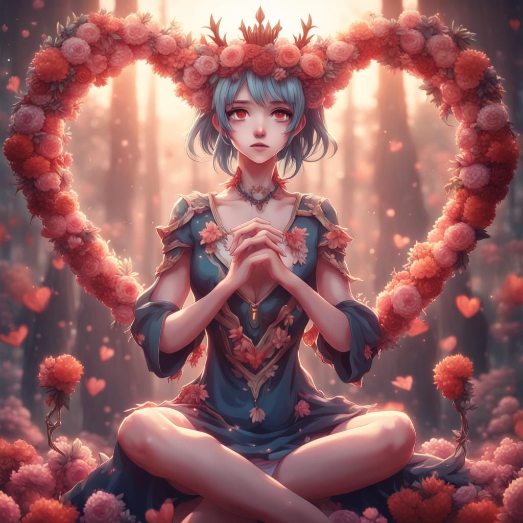 Cute Anime Girl with Flower Crown and Heart Hands