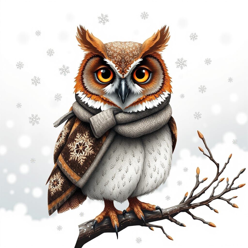 Whimsical Owl in Winter Scene with Fractal Design