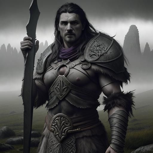 Celtic Warriors in Misty Landscape, Dark Fantasy Art