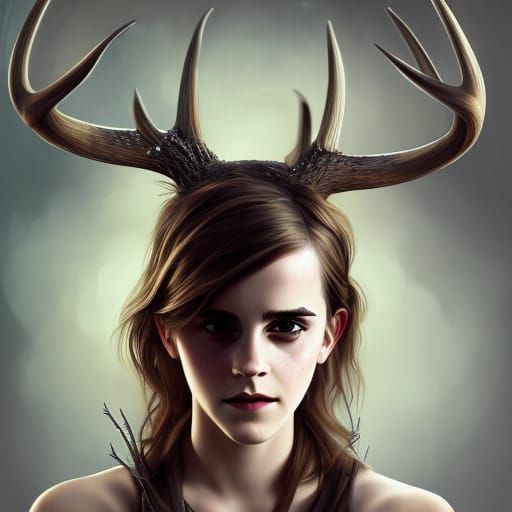 Emma Watson with Antlers: Realistic Oil Painting