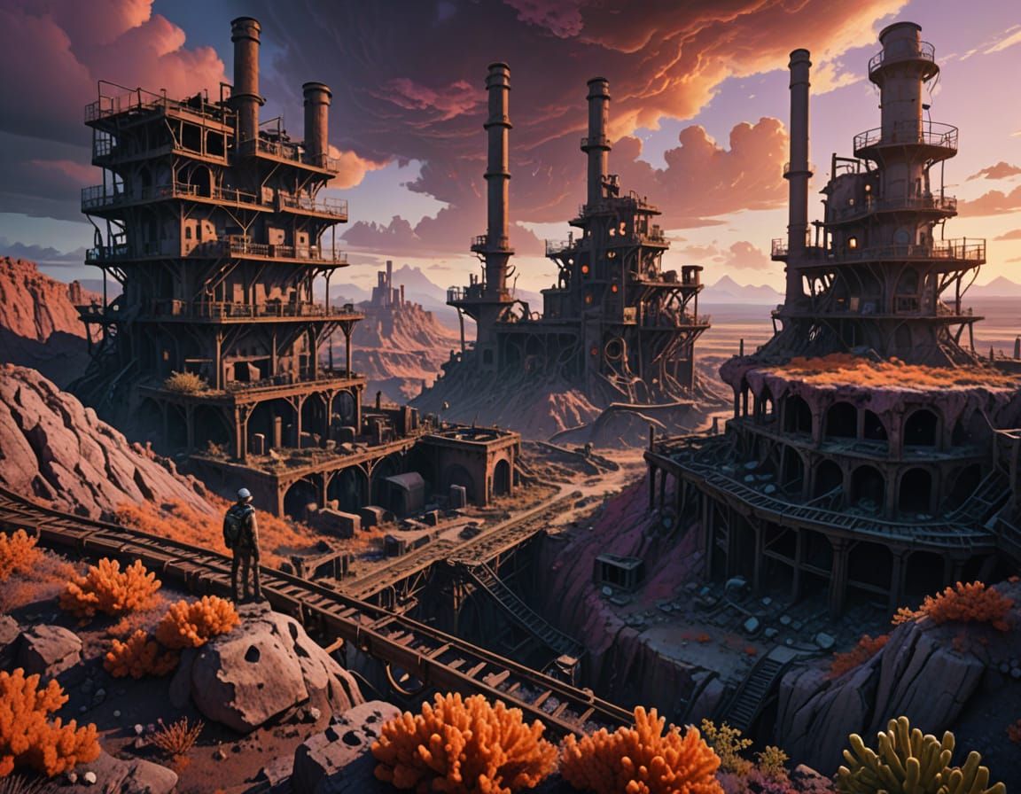 Oil-punk Explorer in Alien Landscape: Digital Matte Painting