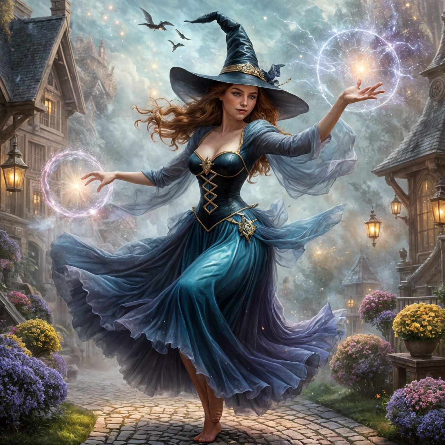 Dynamic Witch Casting Magic with Sparkling Particles
