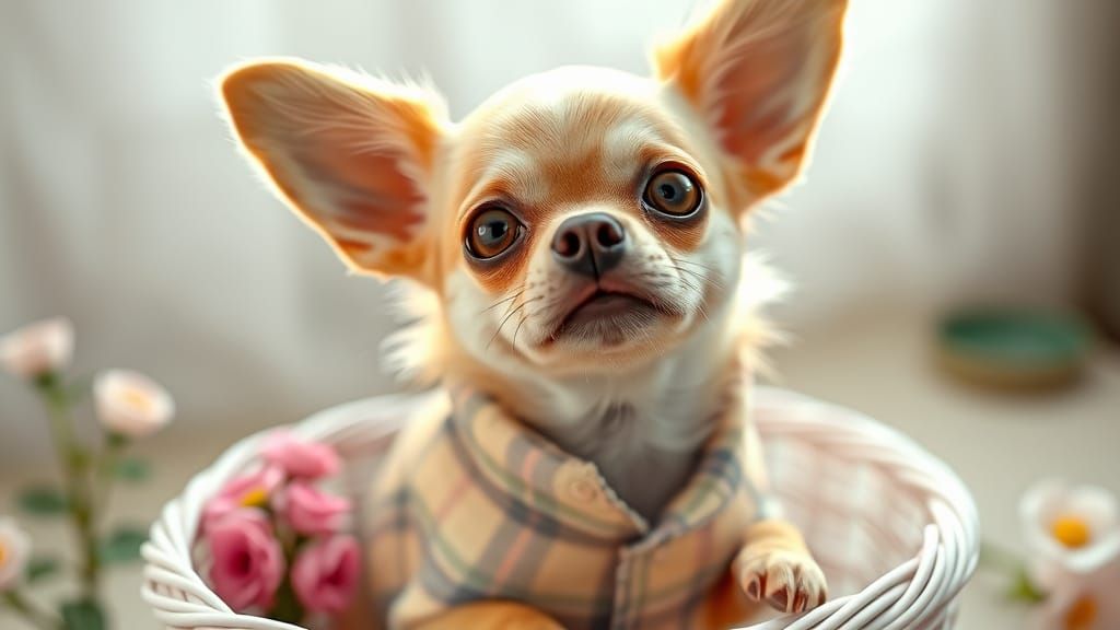 Hyperrealistic Blonde Chihuahua in Basket, Digital Art