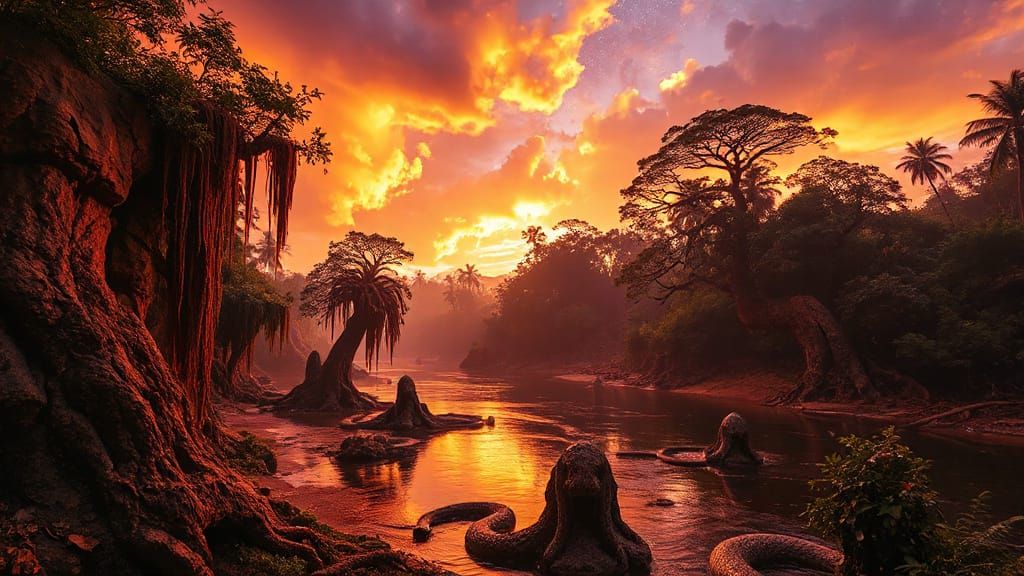 Surreal Jungle with Molten Gold and Violet Sky