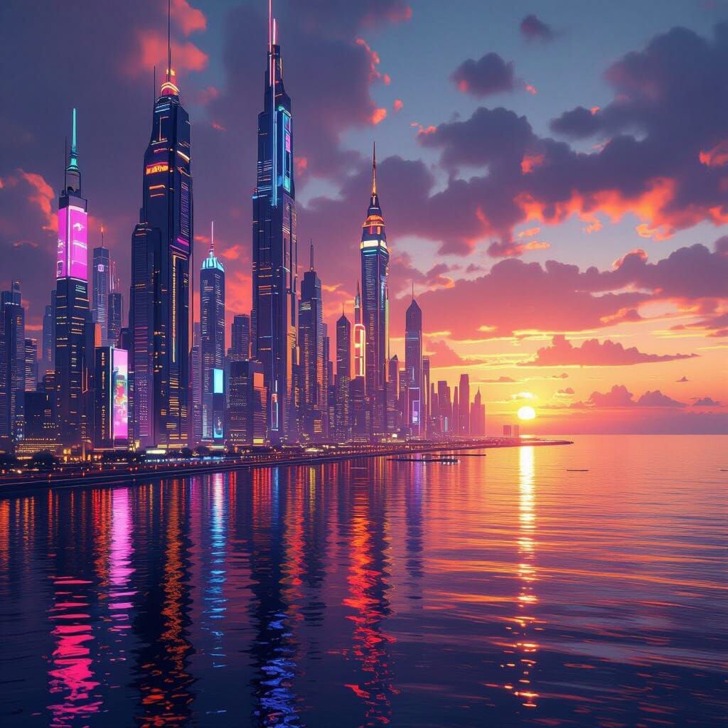 Futuristic Cityscape at Sunset Over Calm Ocean