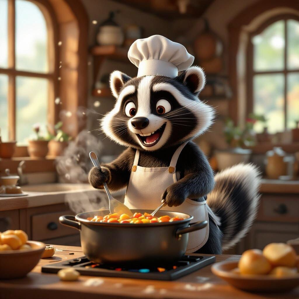 Whimsical Badger Chef Cooks Stew in Rustic Kitchen