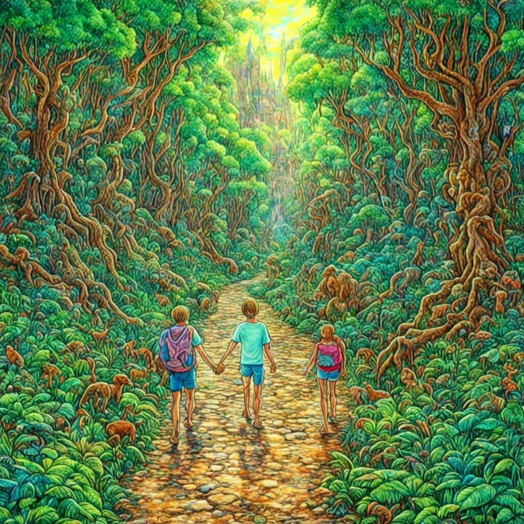 Couple Walking in Lush Forest, Van Gogh Style
