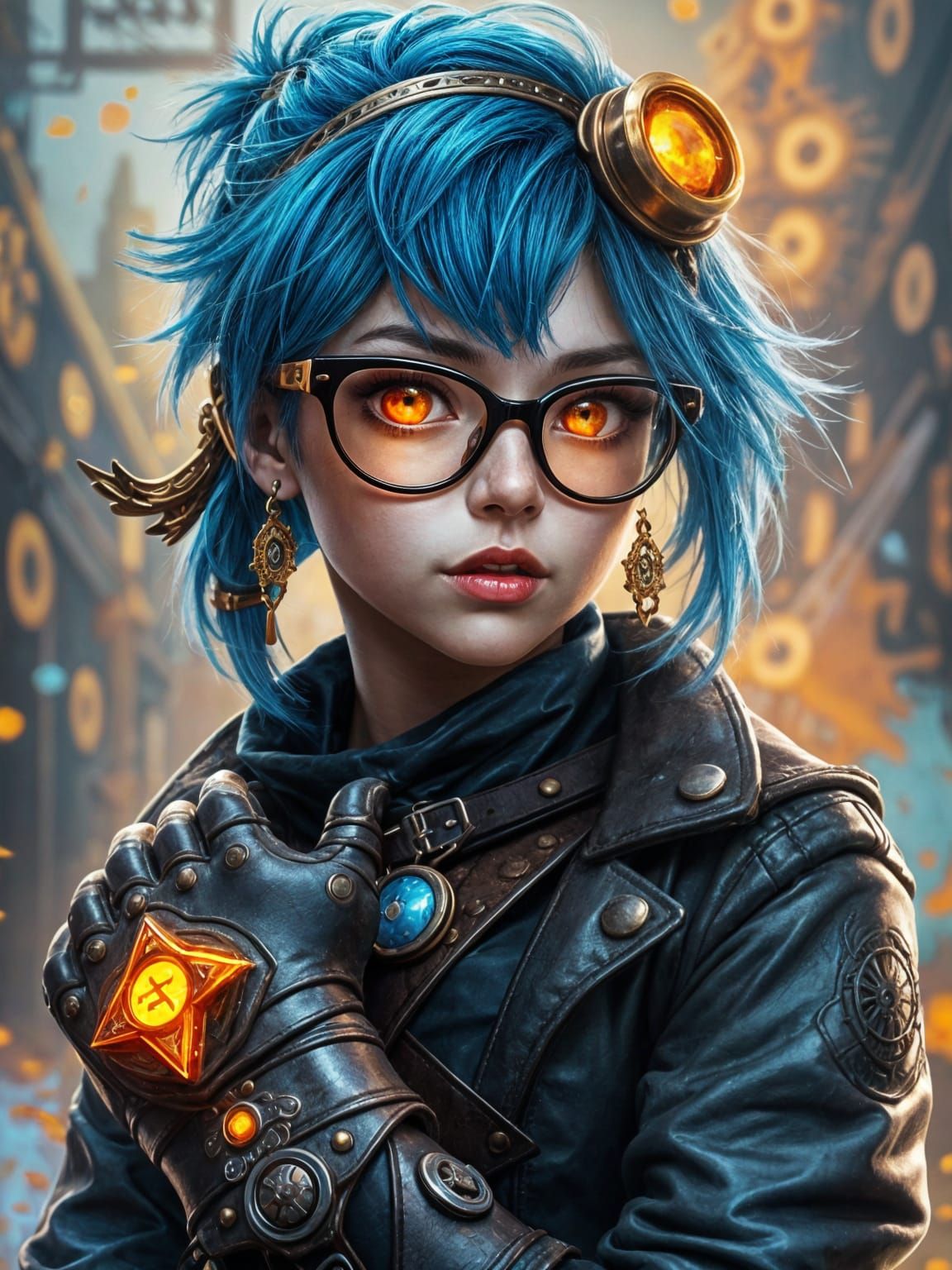 Steampunk Girl Portrait with Blue Hair and Orange Eyes