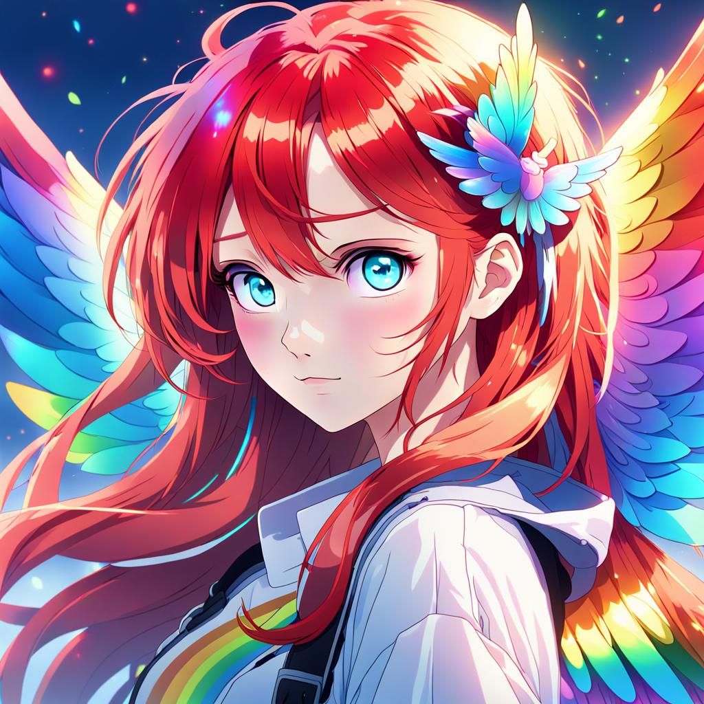 Anime Girl with Rainbow Wings in Cel-Shaded Style