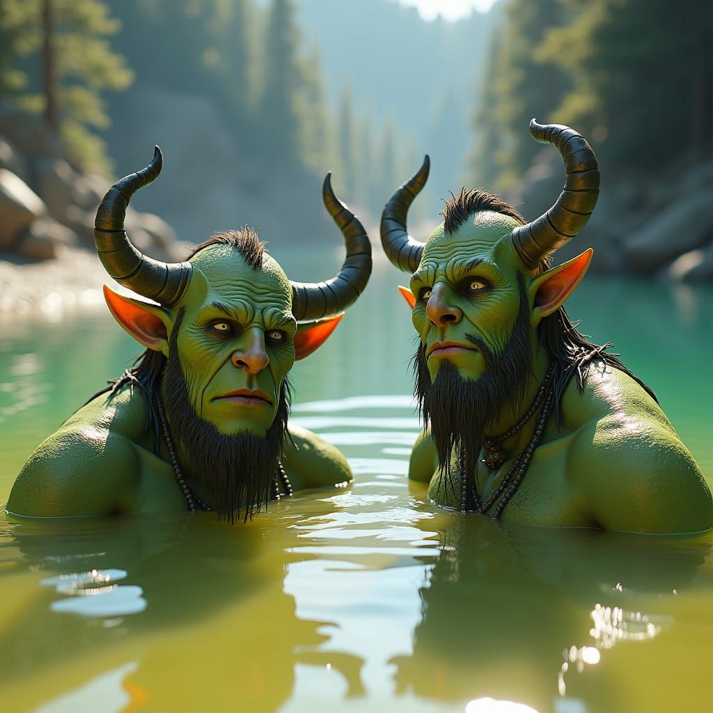 Green Orcs Bathe in Yellowstone Pool: Fantasy Art