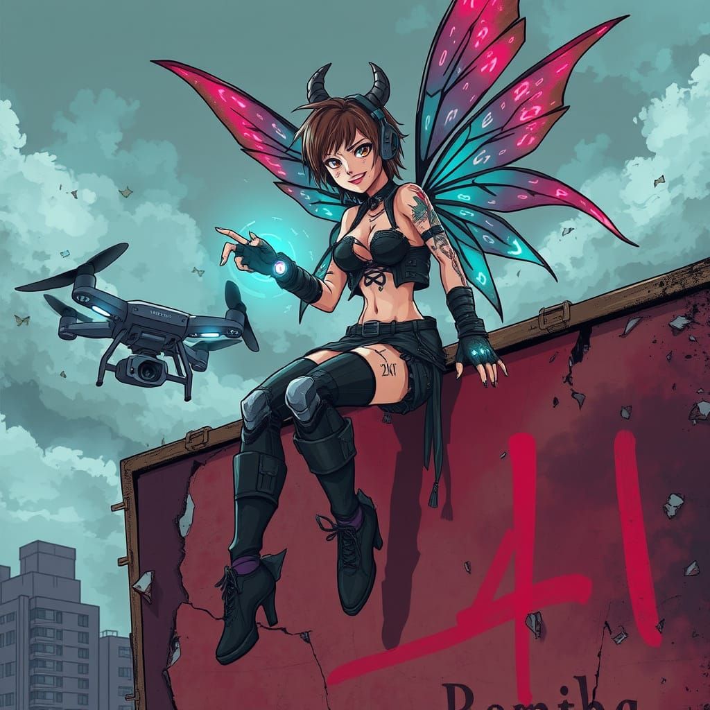 Cyberpunk Fairy Hacks Surveillance Drone Amid Urban Decay