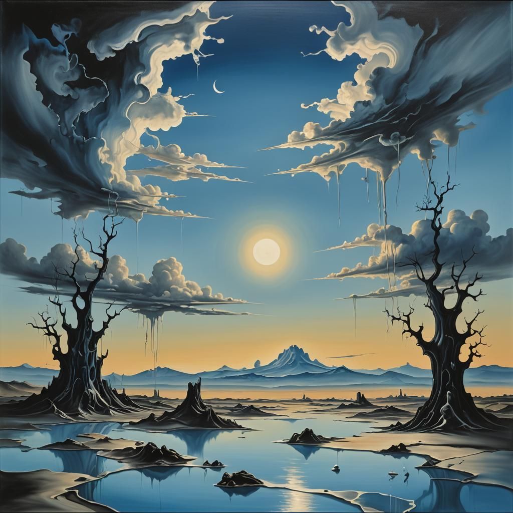 Surreal Blue Monochrome Sunset in Dali Style