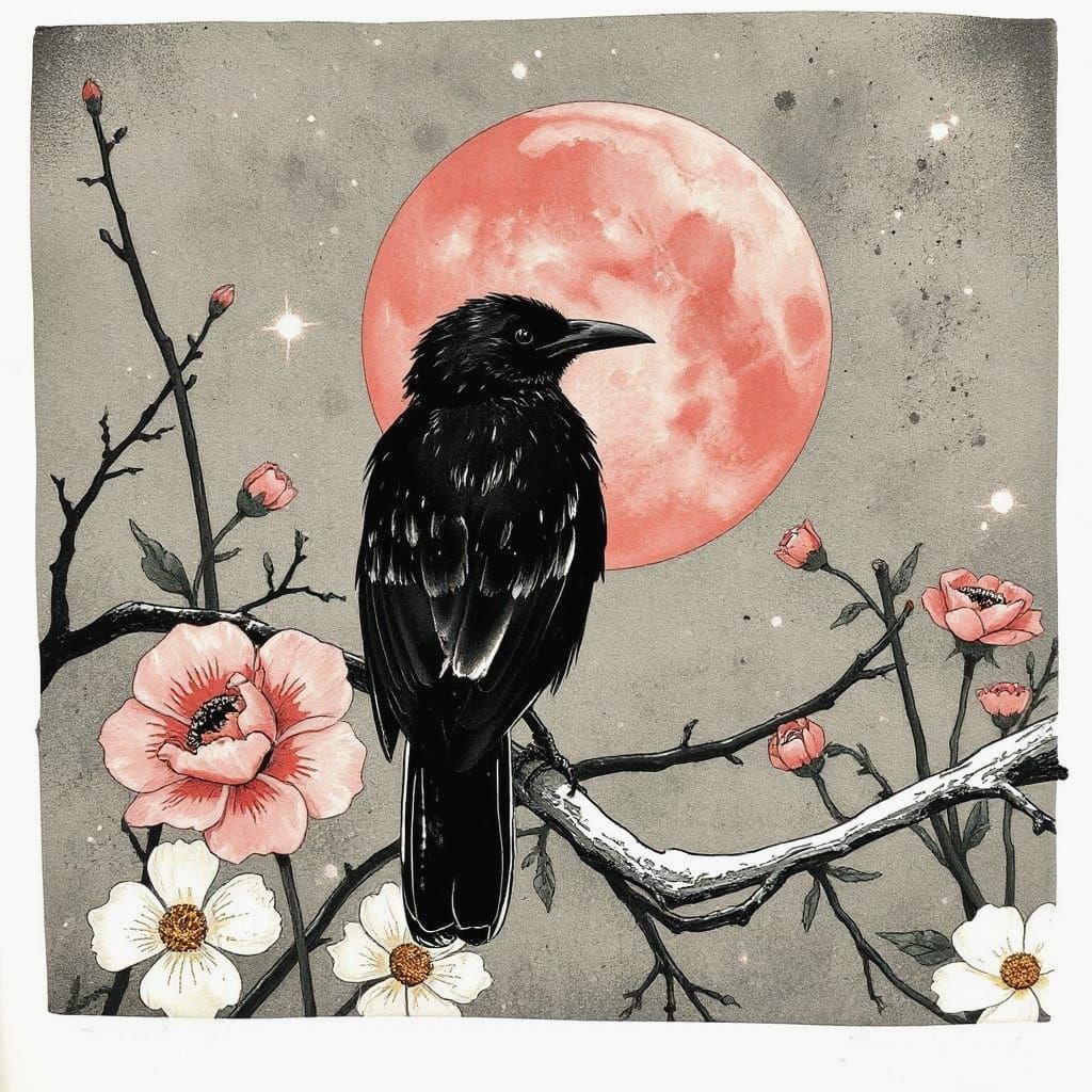 Corvid Soars over Vibrant Pink Moon in Whimsical Ink Splatte...