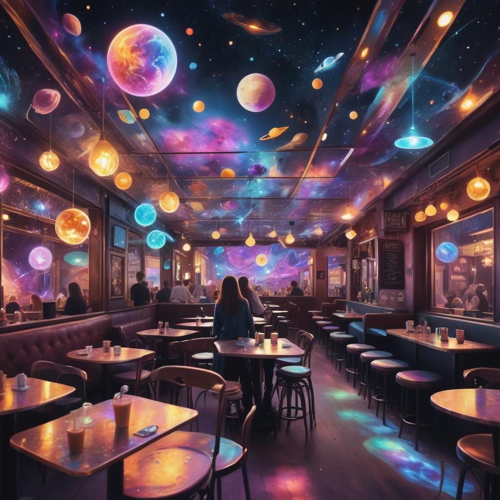 Cosmic Night Cafe: Holographic Mixed Media Illustration