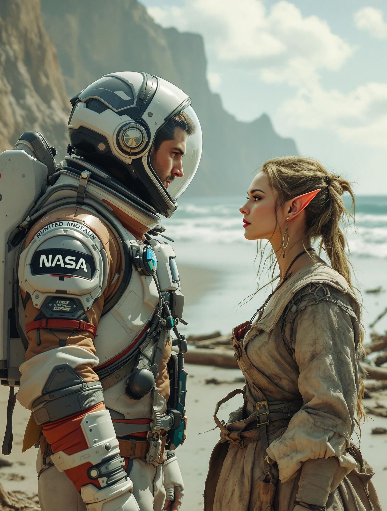 Astronaut and Elf on a Desolate Beach