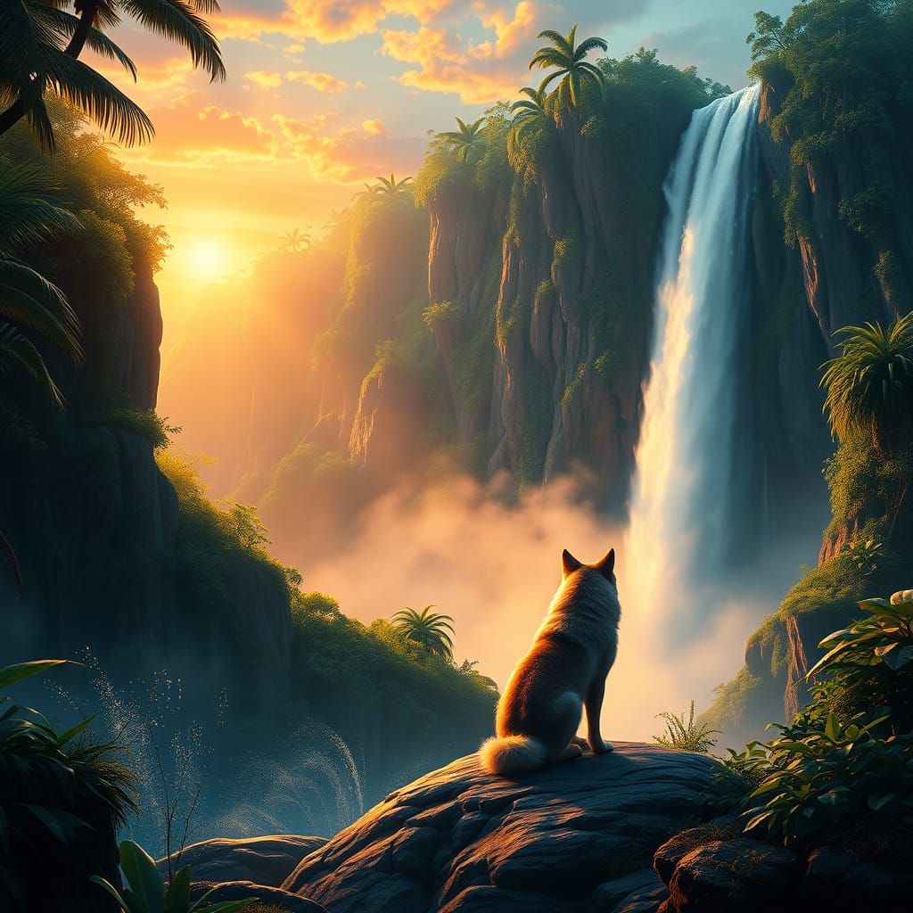 Wolf Watches Majestic Sunset Waterfall