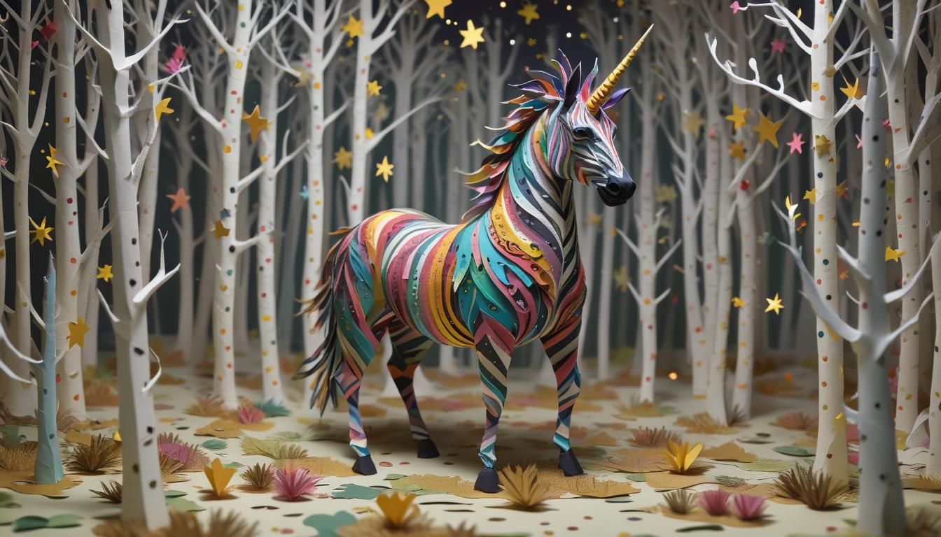 Vibrant Paper Zebracorn Sculpture in Paper Forest